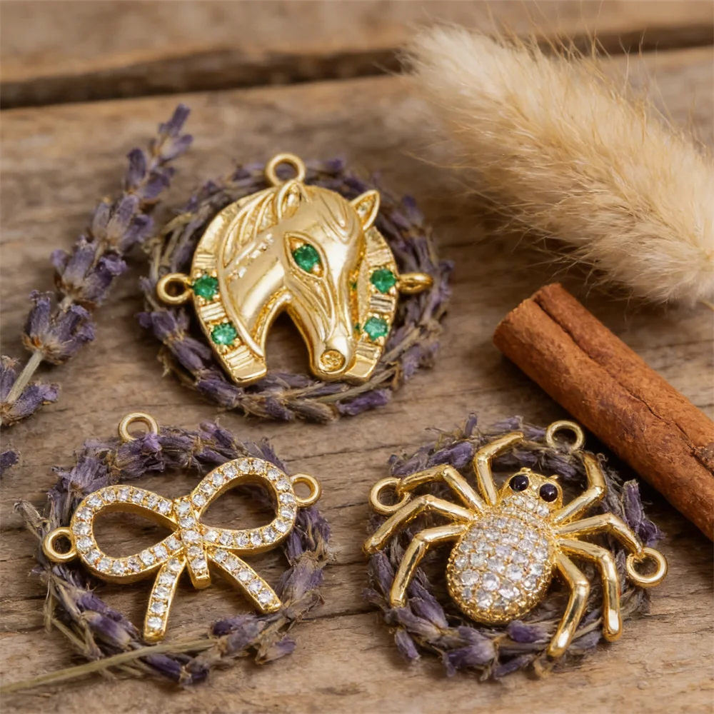 

2Pcs Link Connectors Brass Zirconia Bow Horse Spider Charm for Diy Jewelry Necklace Bracelet Making Shiny Accessories Women Men