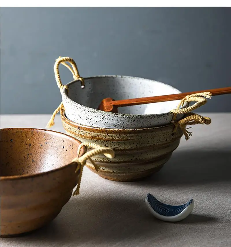

Japanese Retro Hemp Rope Ceramic Bowl Binaural Noodle Soup Fruit Salad Household Vegetable 6 Inch