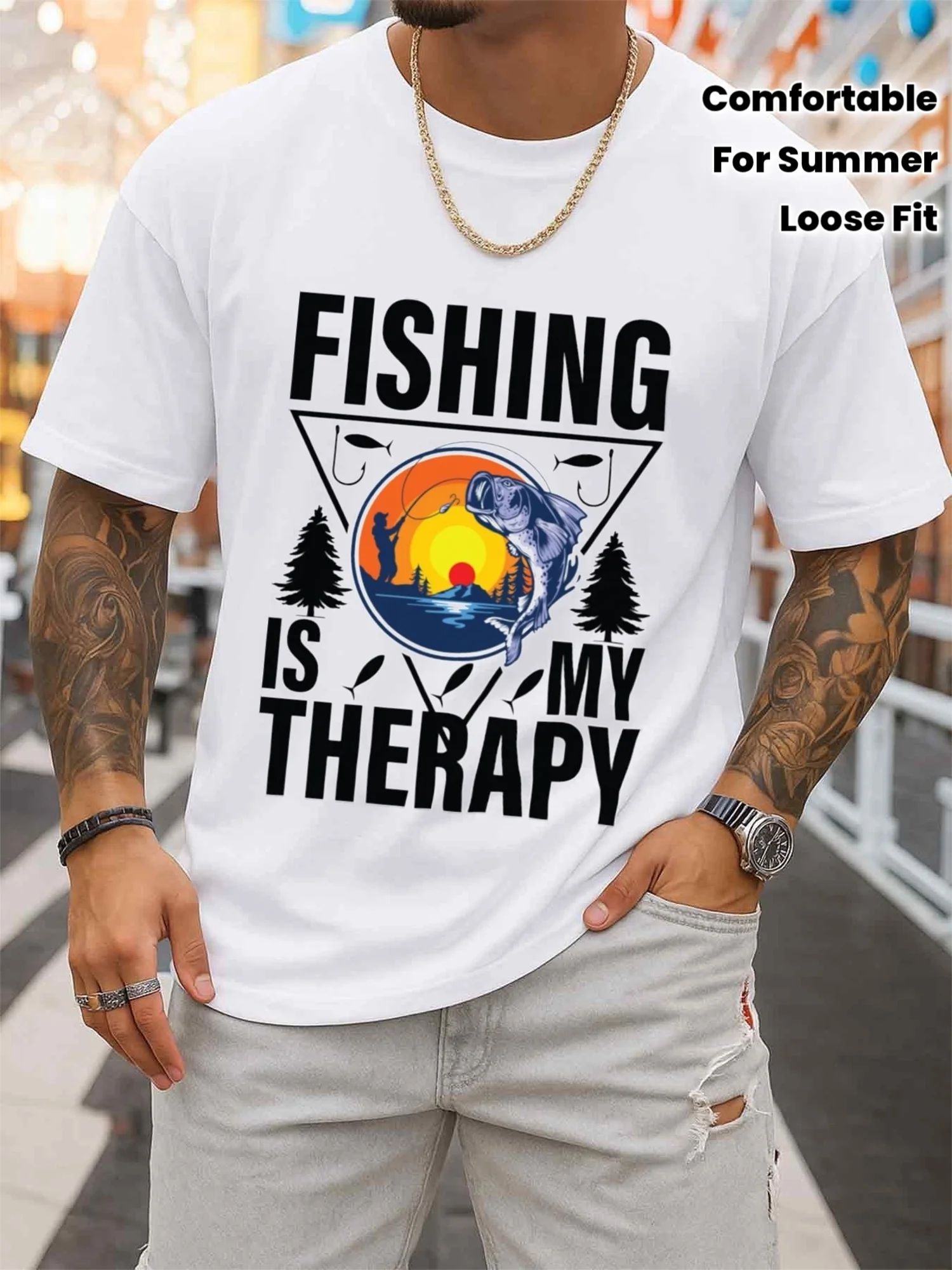 Fishing Therapy Graphic T-Shirt Men's White Crew Neck T-Shirt, Comfortable Loose Fit, Trendy Print Design, Suitable for Summer Outdoor Activities and Casual Wear, Casual Sportswear, Regular Sleeves and Fit: Greenink