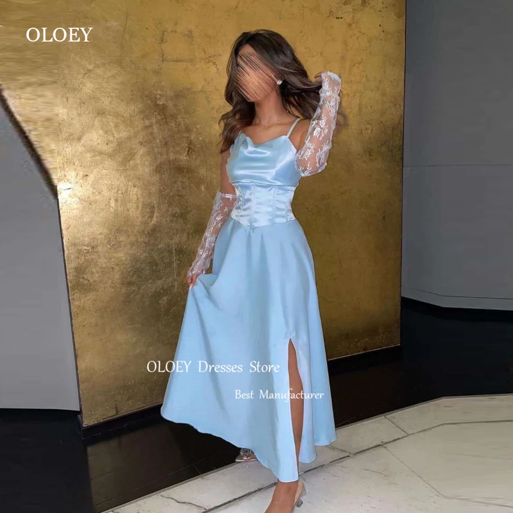 

OLOEY Saudi Arabic Women Light Blue Party Evening Dresses Spaghetti Straps Side Split Prom Gowns Event Night Dress Lace Gloves