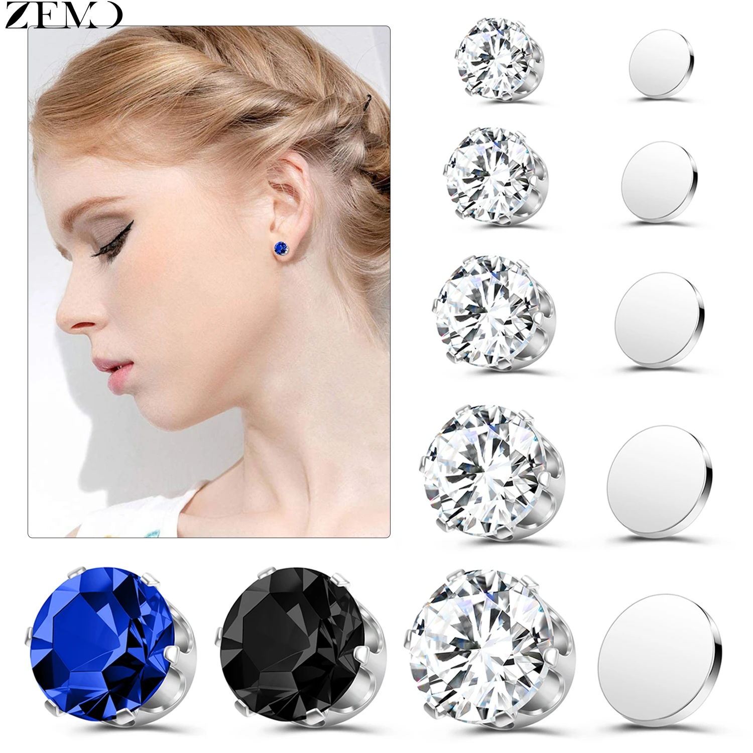 ZEMO 1 PC Magnetische Clip-on Ohrringe Runde 4/5/6/7/8 MM CZ Kristall Keine Durchbohrten Ohr Clips Männer Frauen Stud Ohrring Kein Piercing Schmuck