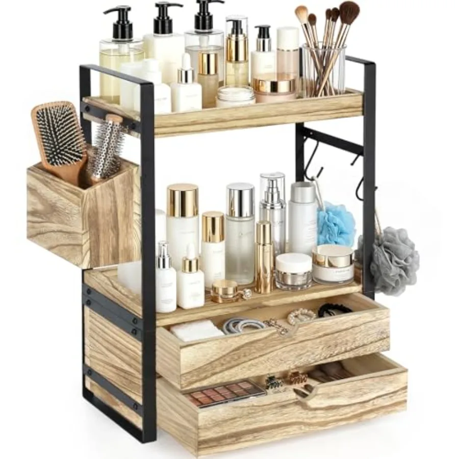 2-Tier Bathroom Counter Organizer with 2 Drawers Basket and Hooks Wood Bathroom Organizers and Storage for Countertop Farmhouse