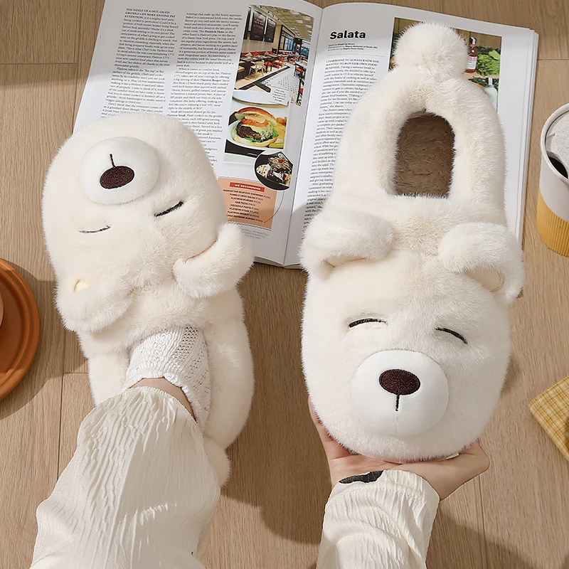 Warm Winter Women Men Plush Thick Platform Cartoon 3D Bear Fur Cotton Slippers Outdoor Home Slip On Girls Ladies Shoes