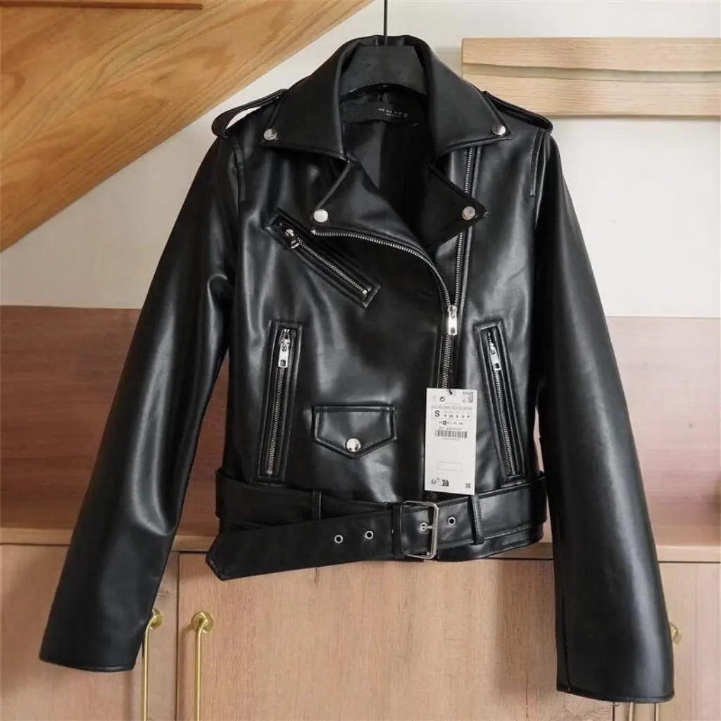 

Women's Black Imitation Leather Motorcycle Belt Classic Short PU Leather Jacket Easiest to Match Fashion Outerwear