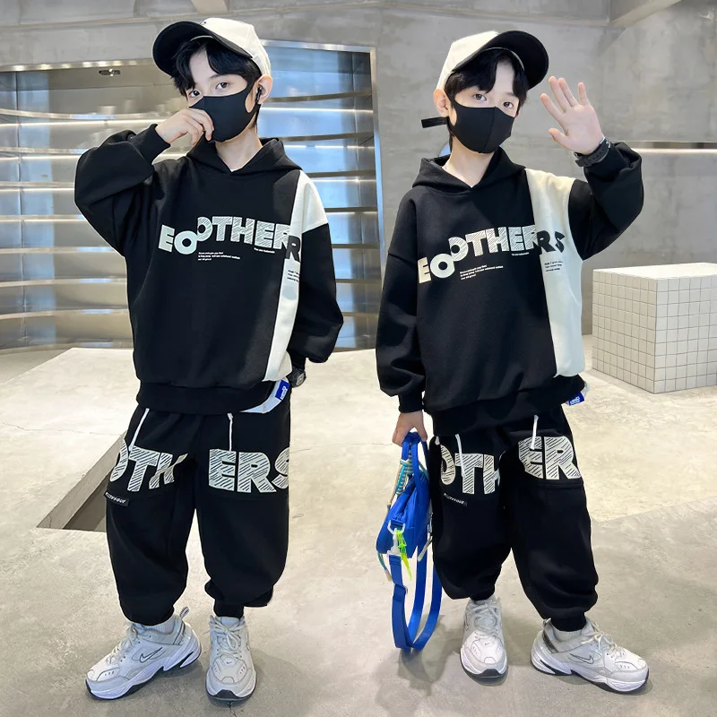 2026 winter autumn Boys Clothes Set patchwork hooded + Ankle-tied Pants Tracksuits Kids Outfit Children 4 5 7 8 10 11 12 14 Year