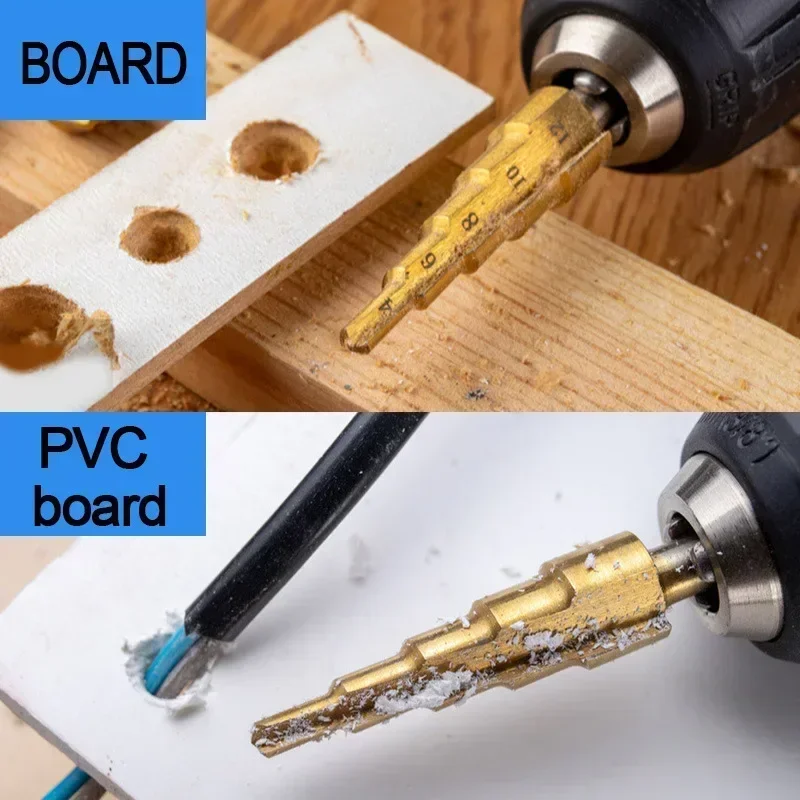 

3Pcs Hexagonal Shank Straight Slot Titanium Plated Ladder Drill Wood Metal Hole Cutter 3-12mm 4-12mm 4-20mm Drilling Tools Set