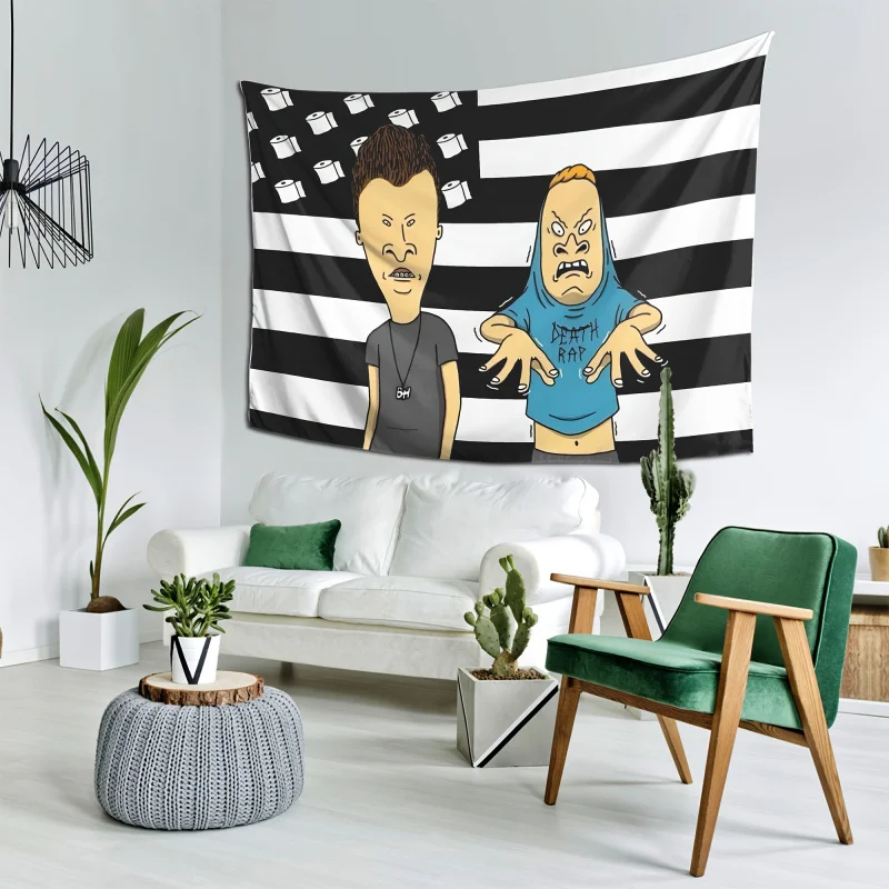 VIKAMA Beavis & Butt-Head Black White Striped Tapestry American Flag Style Home Decor Durable Wall Hanging Art