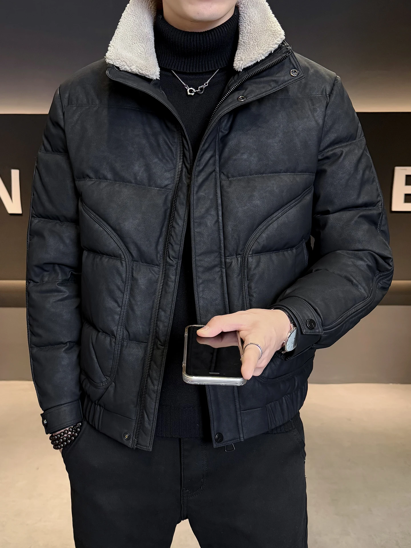 انفصال الفراء طوق الجلود أسفل Jaet الرجال الشتاء Faion العلامة التجارية 2025 جديد دافئ الرجعية ort معطف م مبطن سترة