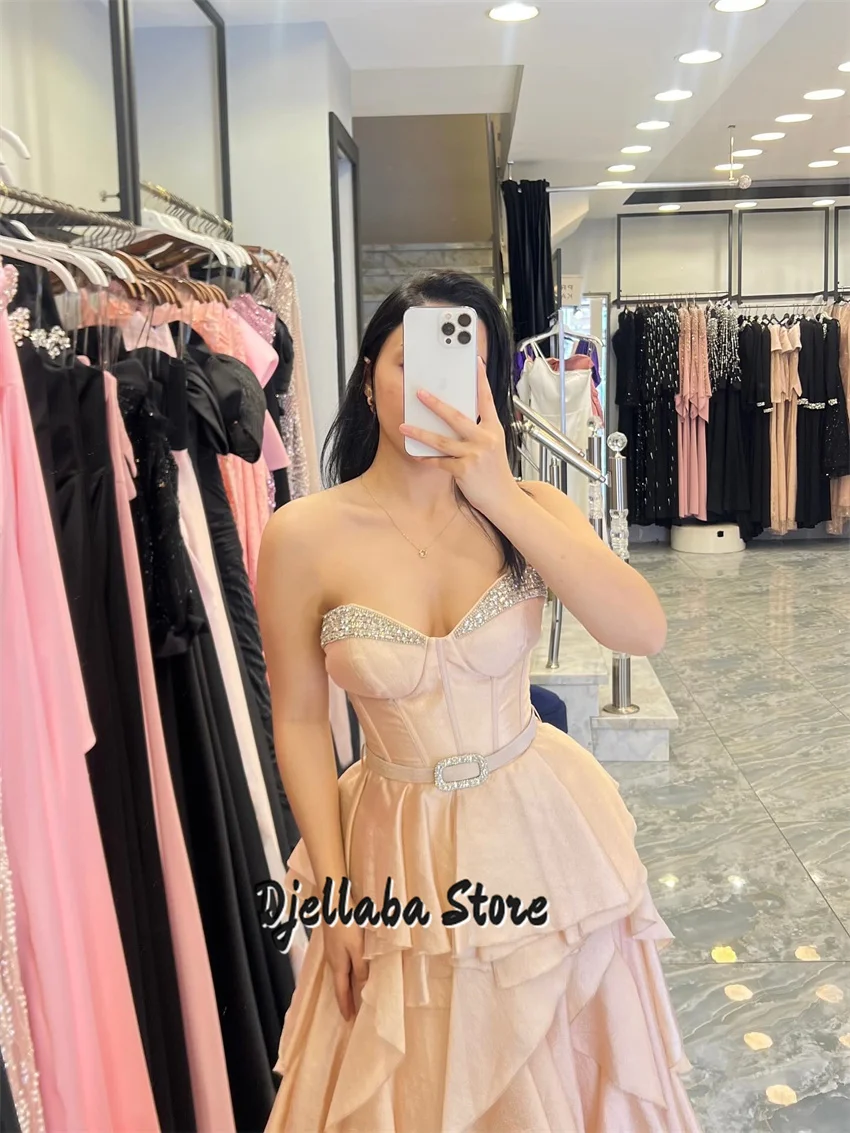 Rose Gold A Line Evening Gowns Strapless Ruffles Vestido de Gala Customized Floor Length Arabic Prom Gowns Customized