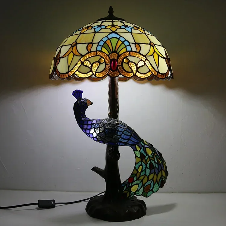 Longhuijing Elegant Baroque 16" Tiffany Style Stained Glass Table Lamp with Peacock Base
