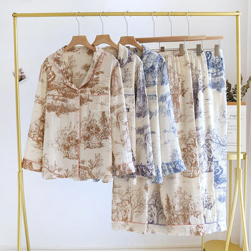 2026 New Spring And Autumn Women's Pajama Set 100% Cotton Crepe Collar Long Sleeve Two Piece Loose Breathable Home Clothes