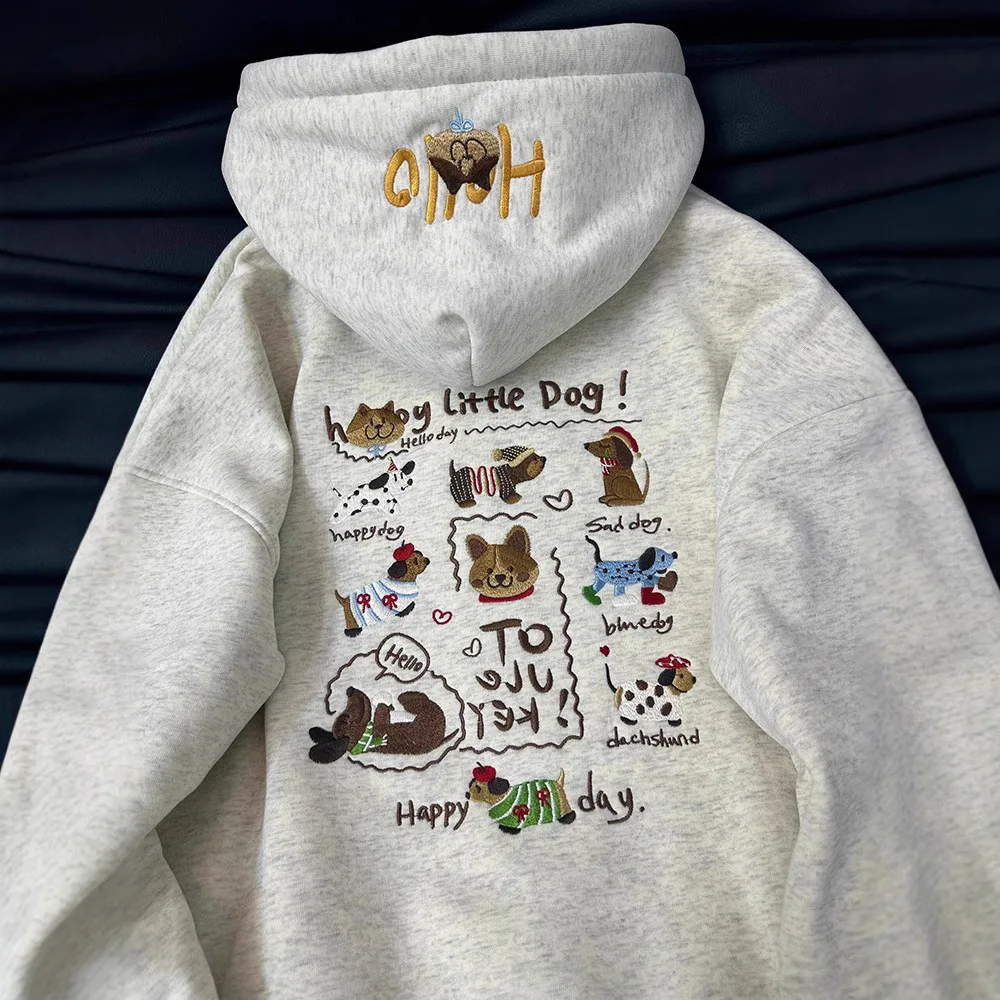 French cute dachshund puppy print hooded sweater women's autumn and winter plus velvet high sense niche casual loose coat