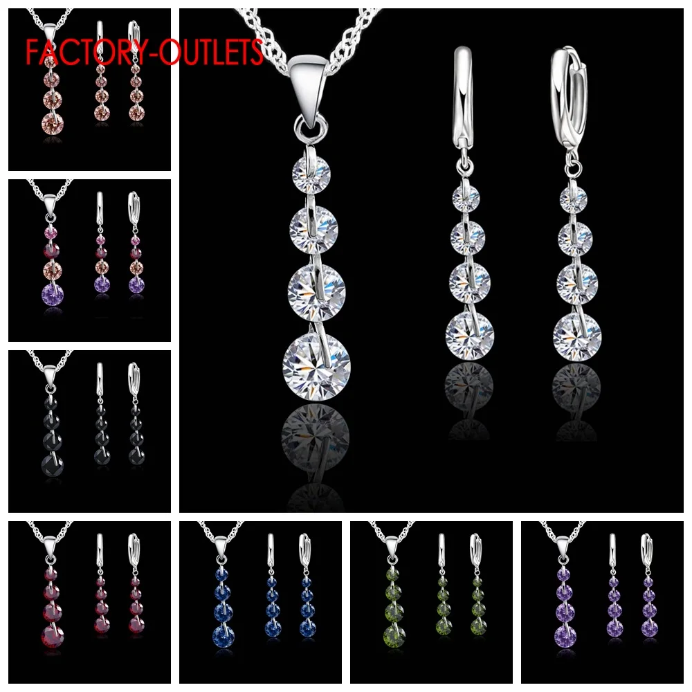 925 Silver Needle Pendant Necklaces Hoop Earrings Set  Fashion Jewelry Round CZ Crystal Women Girls Engagement Anniversary