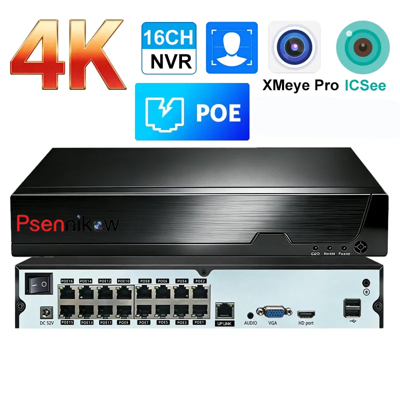 Système de surveillance vidéo CCTV intelligent Psennikow Tuya NVR H.265 16CH PoE 8MP avec caméra IP, enregistreur réseau et visualisation à distance