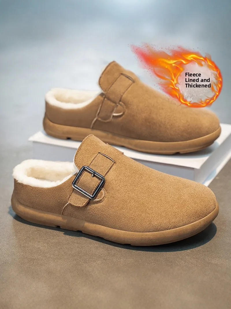 

Men's Winter Cotton Slippers Indoor Outdoor Wear Warm Fleece Half Slippers Casual Home Shoes Birkent Style Leather Upgraded