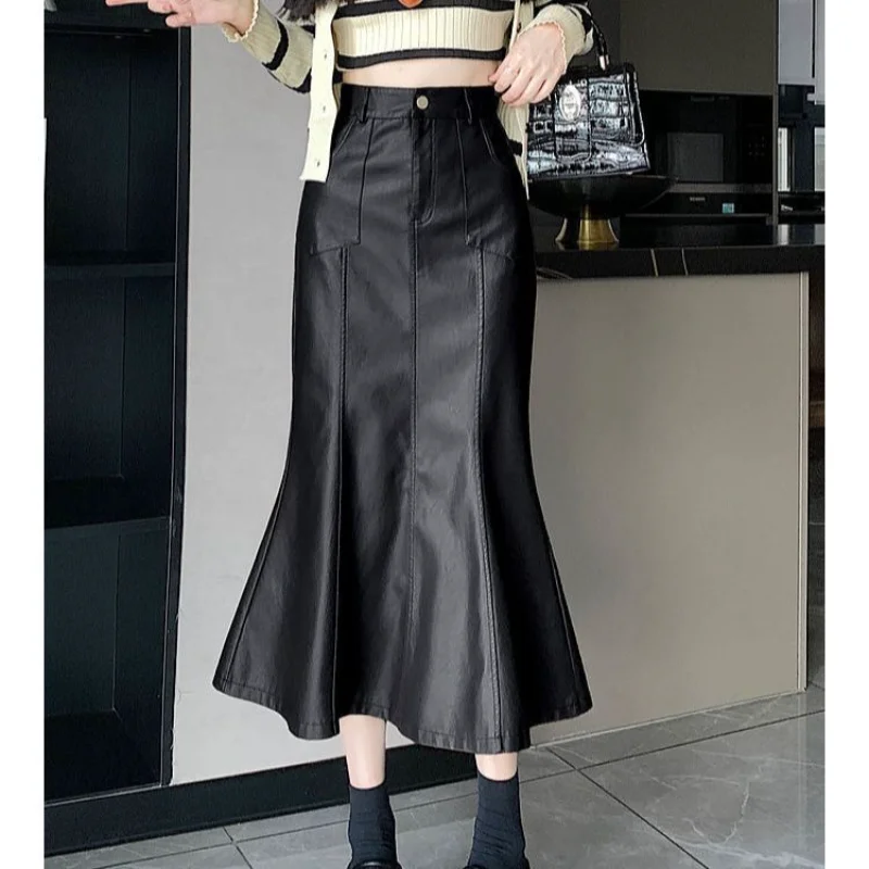 

Women's Autumn and Winter PU Leather 2025 New High-waisted Slimming A-Line Mid-Length Fishtail Skirt