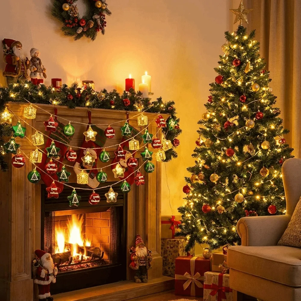 Electroplated Christmas String Lights PVC Material Star Shaped Hanging Lights Warm White Round Ball Fairy Lights Living Room