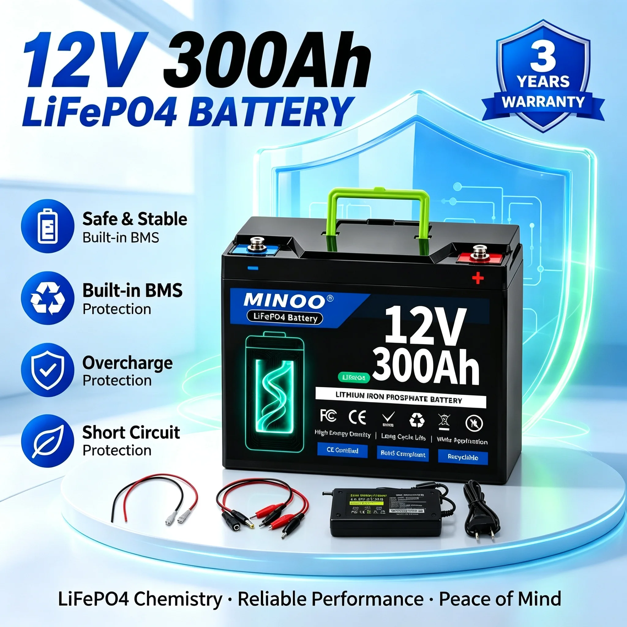 12V 300Ah Lithium LiFePO4 Battery Built-in 300A BMS High Capacity Deep Cycle Battery for RV Solar Marine Backup Power