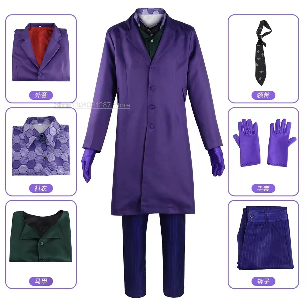 Disfraz de The Dark Knight The Joker, conjunto completo de payaso, abrigo, camisa, chaleco, traje de corbata, conjunto completo para disfraces de Halloween