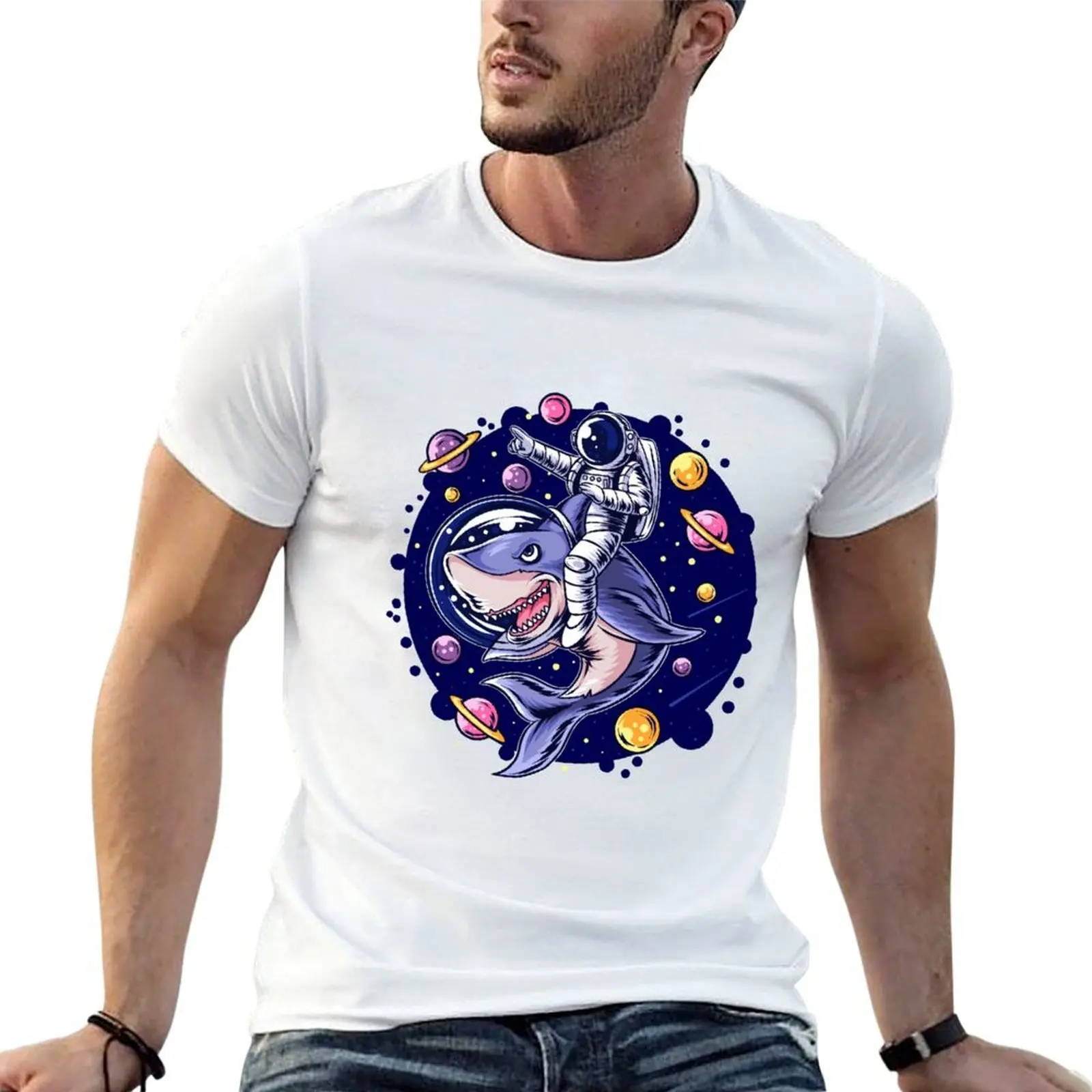 Ride a shark in Space T-Shirt men t shirt cotton 100% man t shirt designer t shirt man casual T-shirt