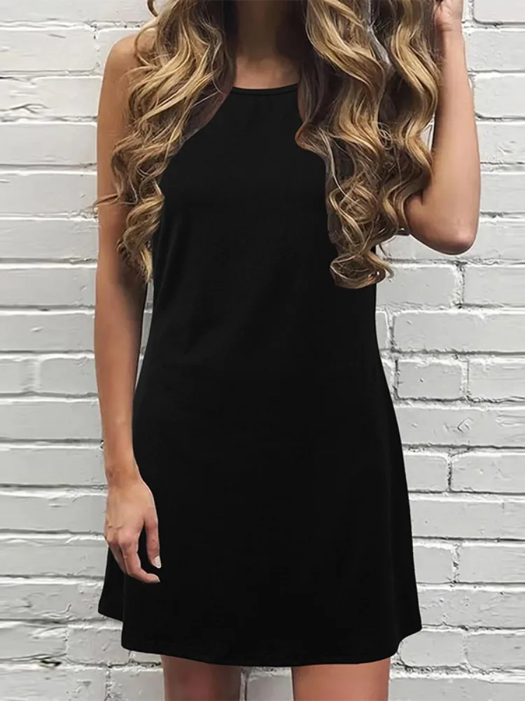 Yeezzi vestido negro para mujer 2025 nuevo verano sin mangas cuello redondo Color sólido moda Casual Simple A-Line Mini vestidos