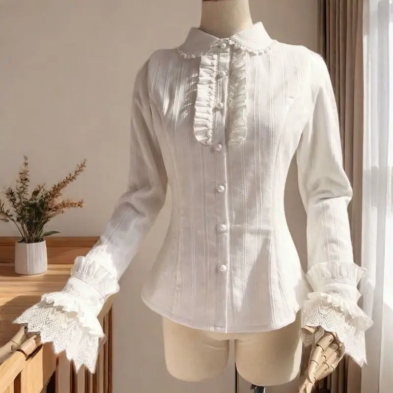

Lolita foreign style spring and autumn new girl lotus leaf lace lolita long sleeve jacquard shirt Japanese style