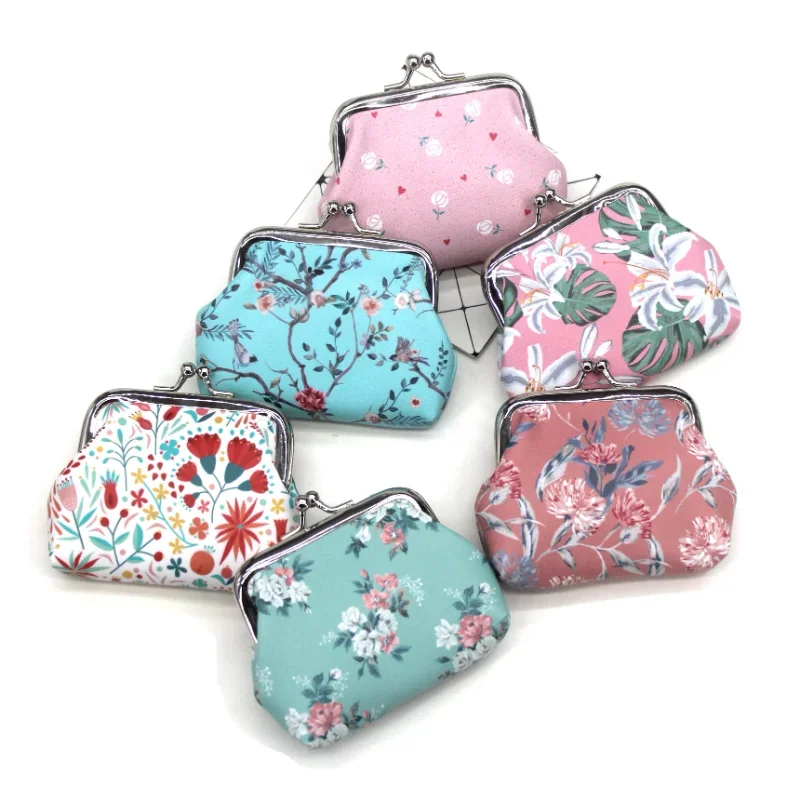 Women Small Coin Purse Flower Print Ladies Mini Coin Bag Wallet Metal Button Pocket Coin Pouch Key Credit Card Holder Case