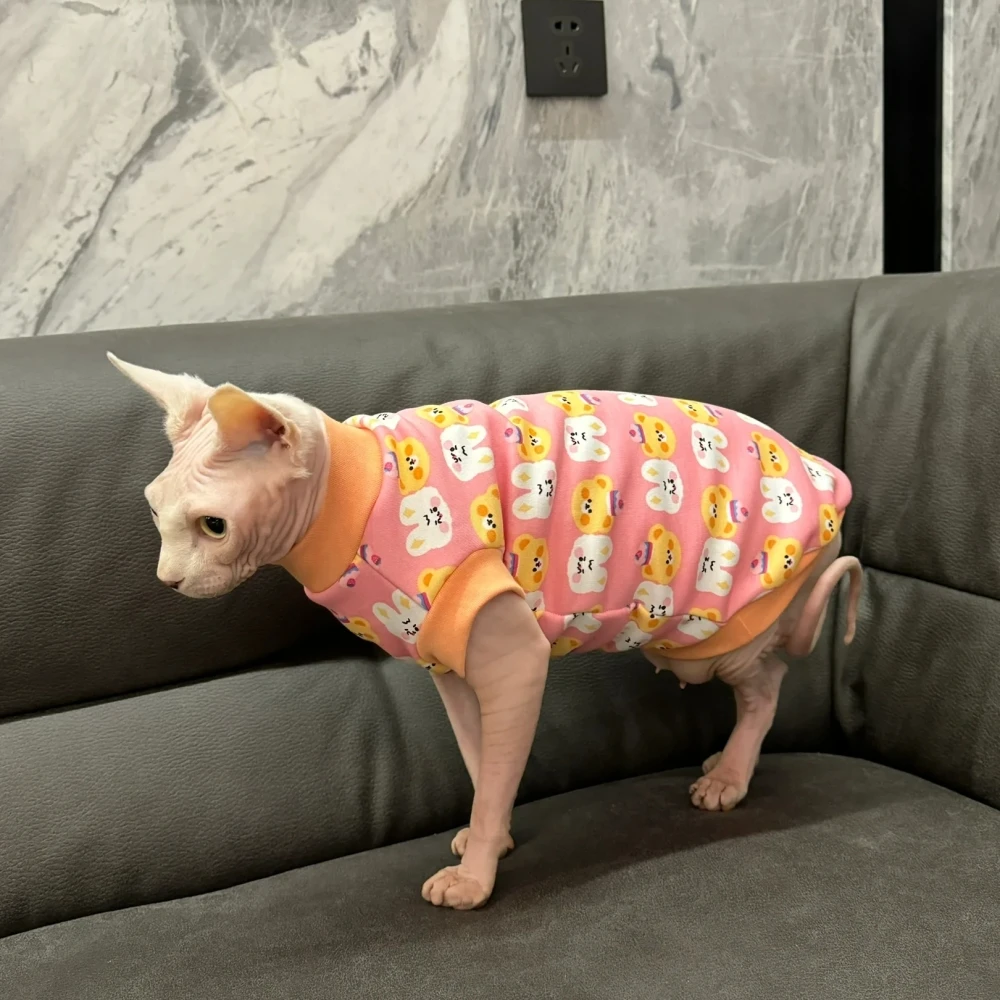 Pink Cotton Coat for Sphynx Cat in Autumn Soft Cartoon Sweatshirt for Kittens Warm Cute Rabbit Undercoat for Devon Rex in Winter