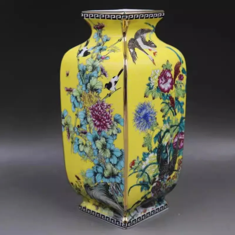 Chinese Yellow Enamel Porcelain Vase Qing Qianlong Flowers Birds Design 9.8 inch