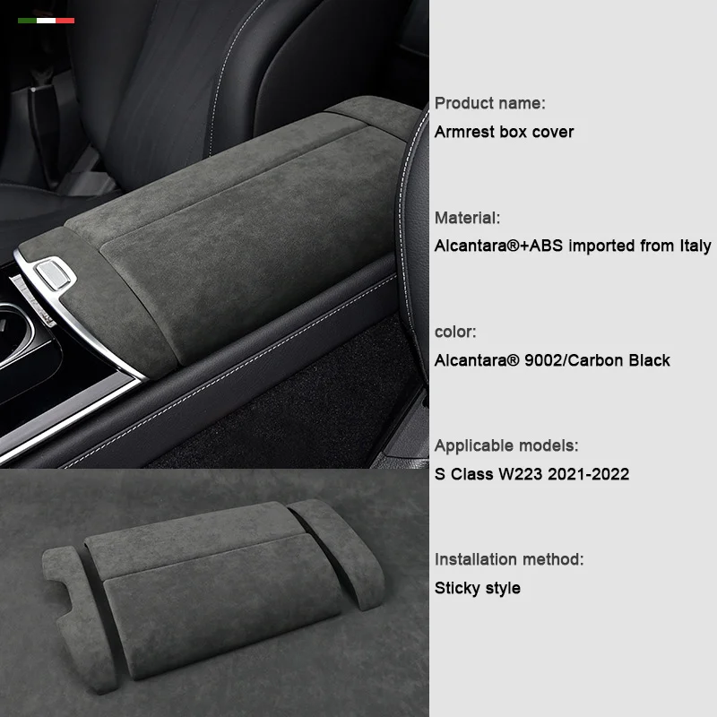 

For Mercedes Benz S Class W223 2021 2022 2023 2024, Alcantara Overlay Car Center Armrest Lid Panel Pretective Shell Trim Cover