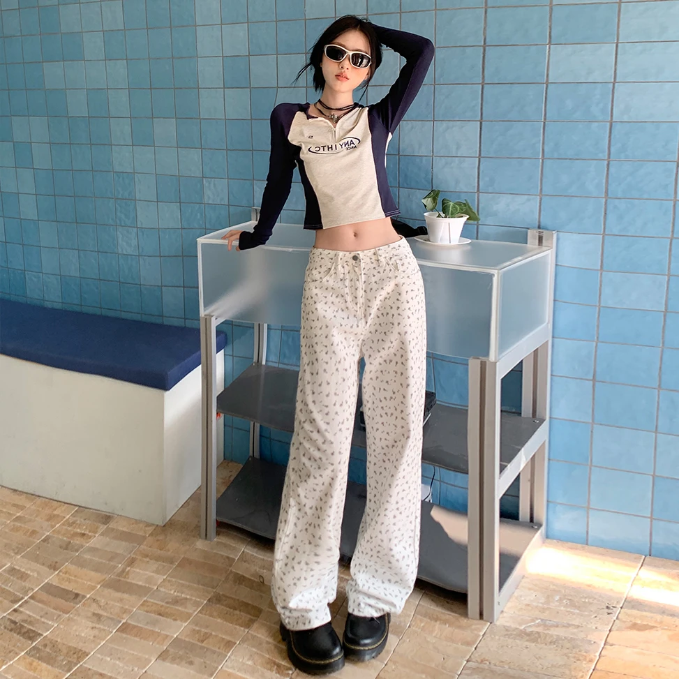 Shascullfites Korean White Wide-Leg Pants for Women New High Waist Loose Printed Straight Jeans for Women