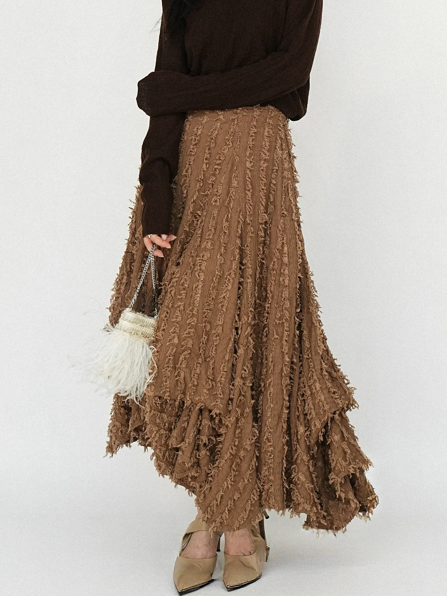 QCEO Heavyweight Retro Asymmetrical A-Line Skirt with Fringe Half-length Autumn Winter Casual Polyester Blend Skirts