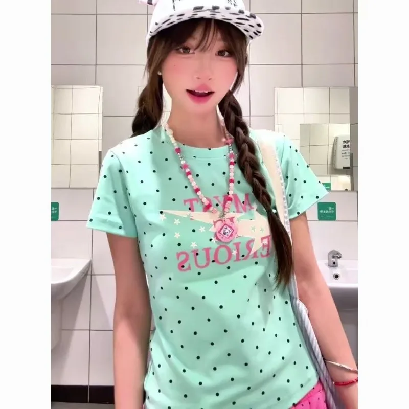 Damen Polka Dot Kurzarm-T-Shirt Mädchen Figurbetontes Top Schlankmachendes Studenten-Sommer-Basisshirt Damen Lässiges Ober-T-Shirt Trendiges Mädchen-Shirt