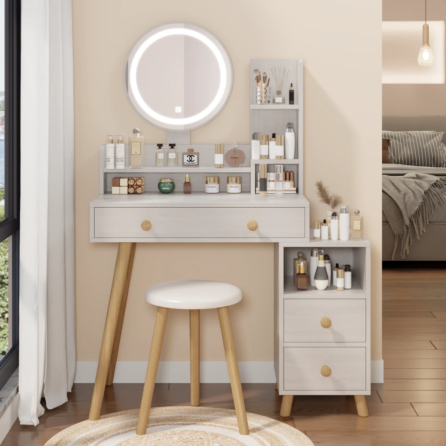 

Round Mirror Bedside Cabinet Vanity Table + Cushioned Stool, 17" diameter LED Mirror, Touch Control, 3-color, Brightness adjusta