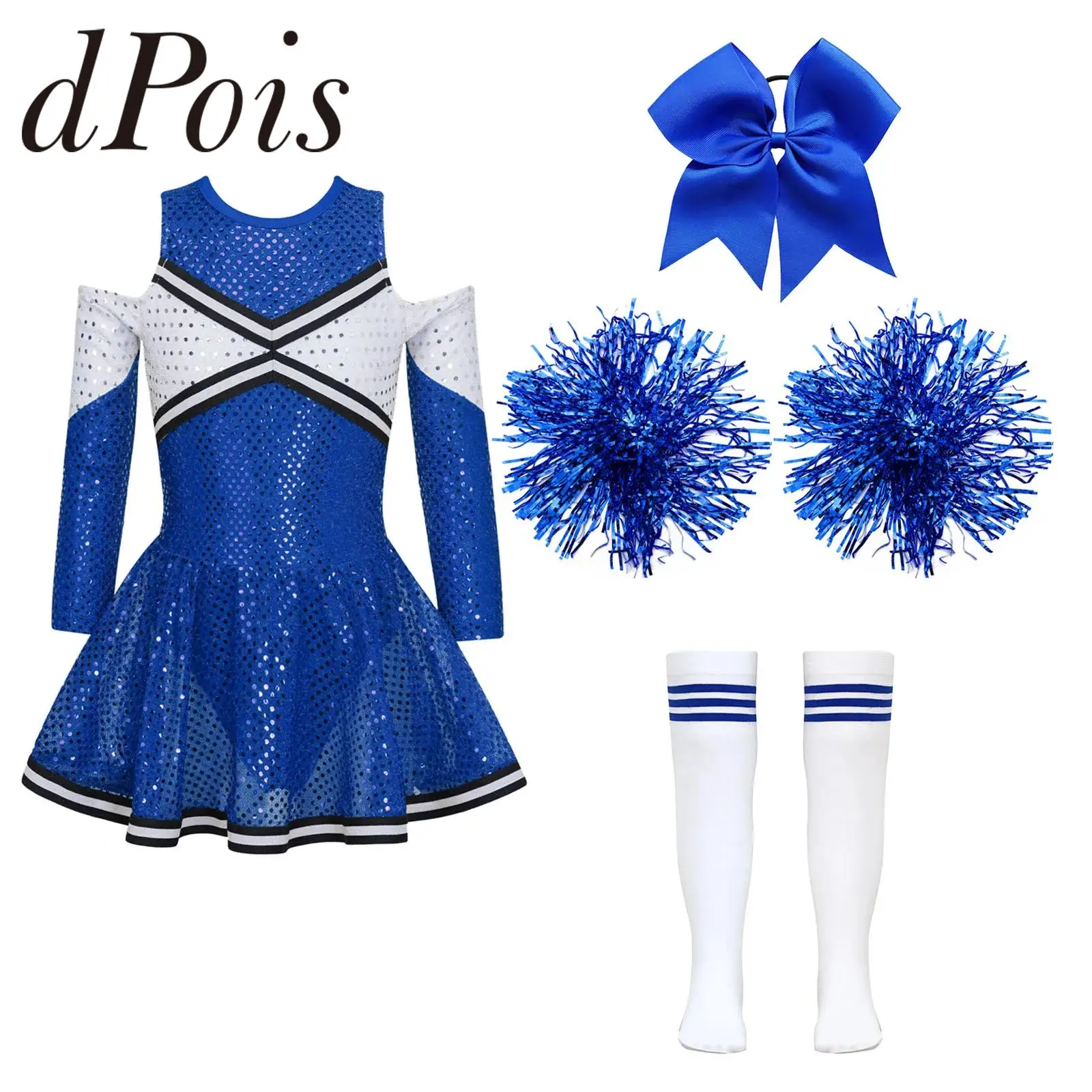 Cheerleading Dance Outfits Kinderen Pailletten Cheerlead Uniforms Jurk Hoofddeksels Handbloemen Sokken Cheerleader Kostuum