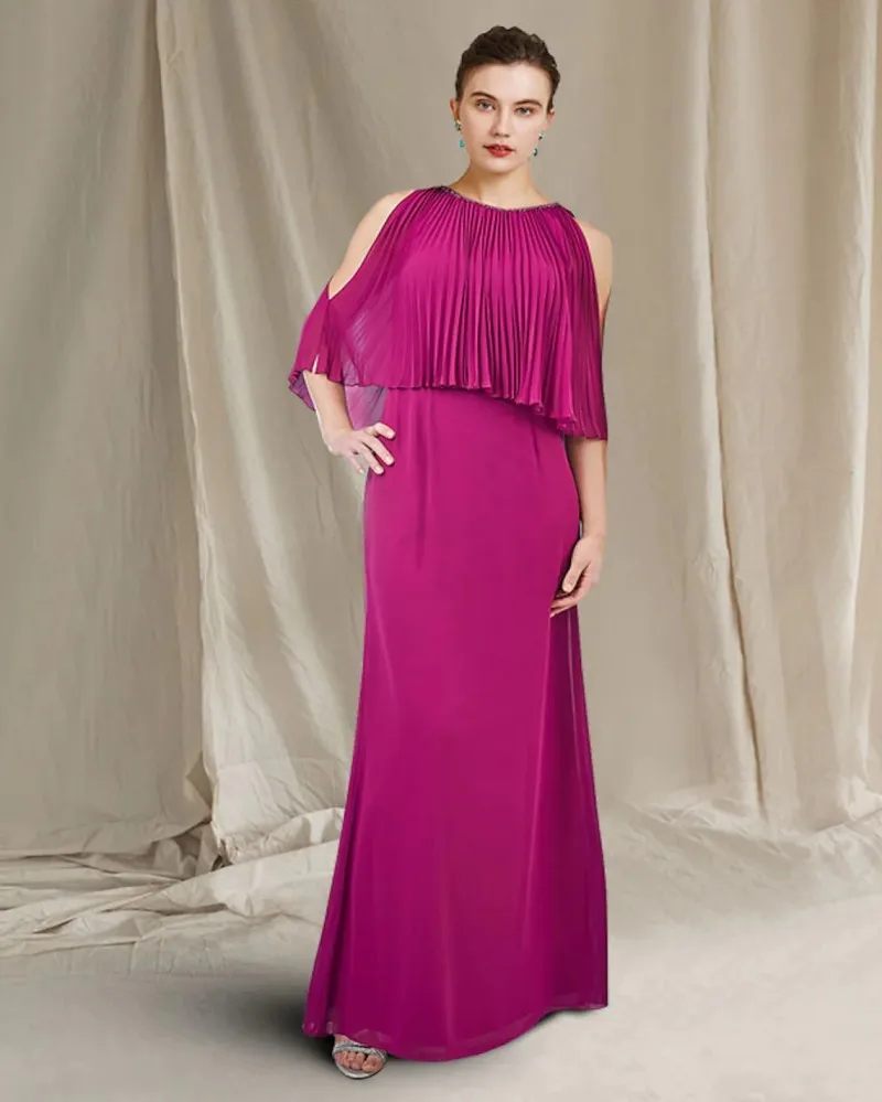 Fucsia A-line Abito per la madre della sposa con spalle scoperte Perline Chiffon Abiti da festa di nozze per lo sposo 2025 Robe De Soiree