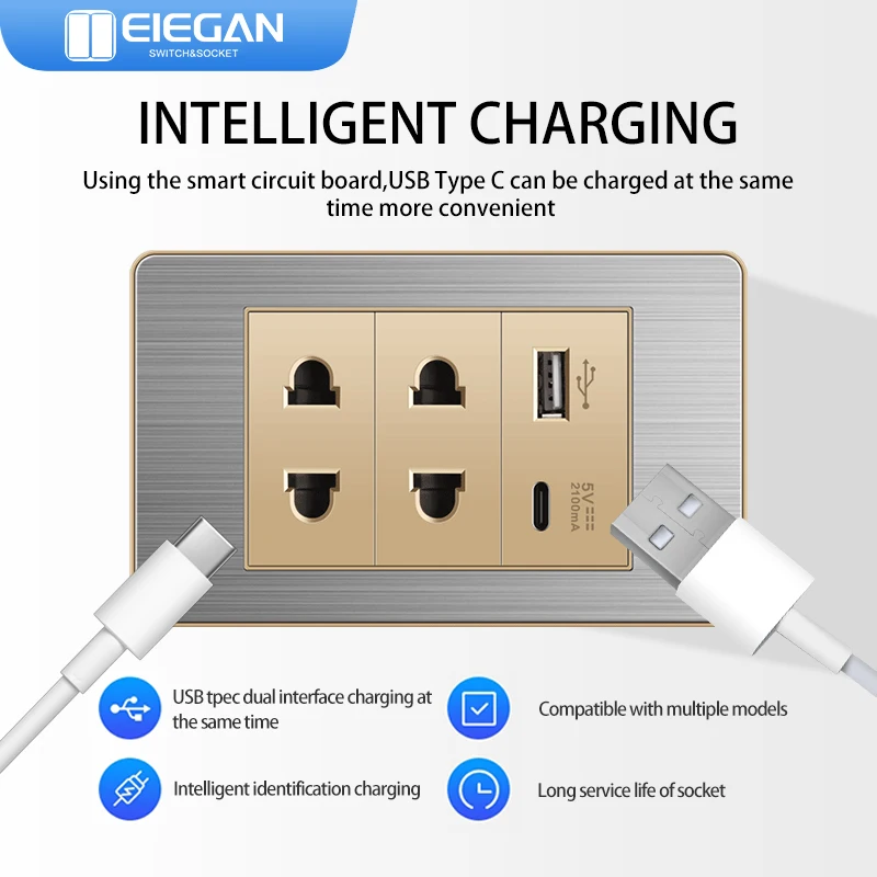 

ELEGAN Gold stainless Panel US Standard 1/2/3/4/5/6Gang Switch Push Button Outlet Usb Type-c Wall America Socket Light Switch