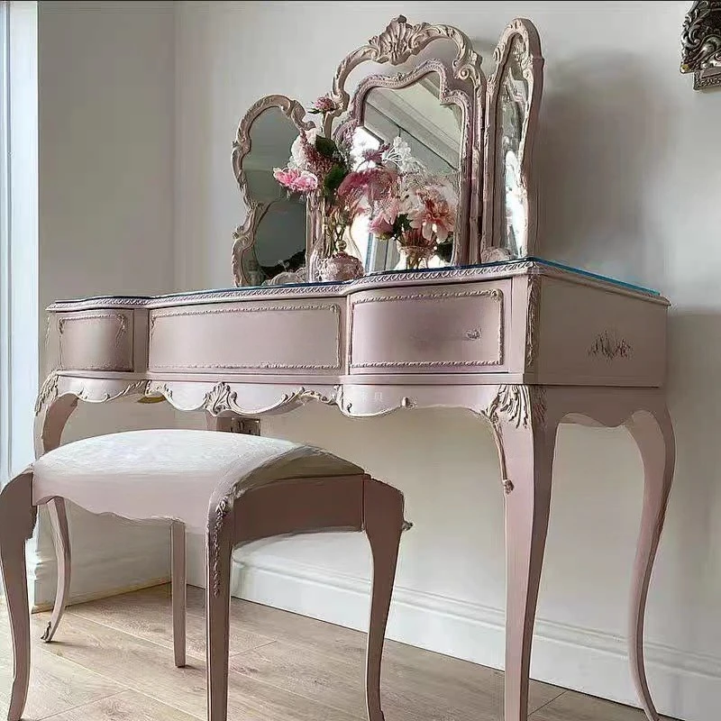 Solid wood retro powder dresser European studio engraving with mirror makeup table manicure table desk