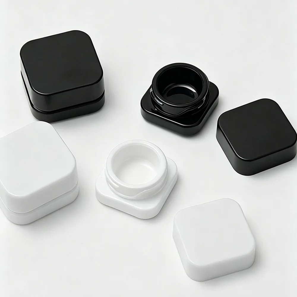 5g 9g Square Black Glass Cream Jars Child Safety Twist Lock Lids White Rotating Press Cover Refill Eye Cream Bottles