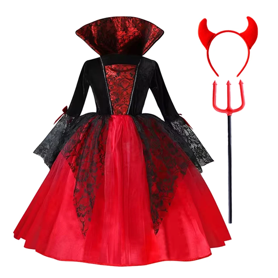 2025 Girls Cosplay Vampire Halloween Dress For Kids Ghost Bride Gothic Costume Count Vampiran Carnival Outfit Black Red Clothes image 5