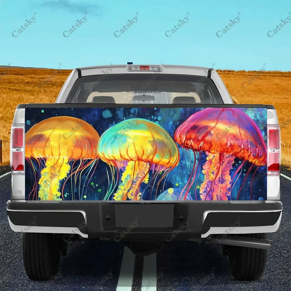 Colorful Glowing Jellyfish Print Car Tail Trunk Protect Vinly Wrap Cover Decal Auto Accessories Hood Sticker for Off-road Pickup