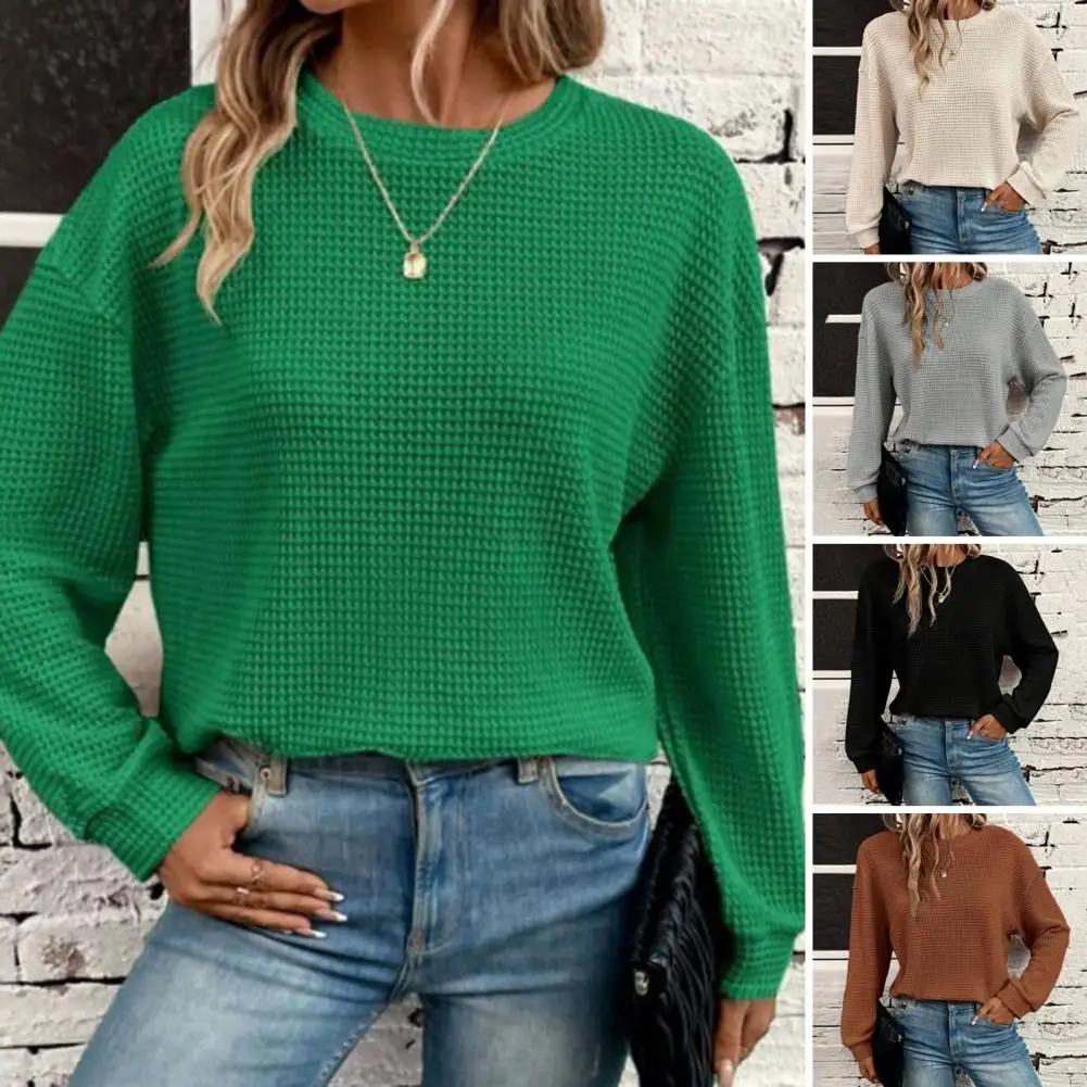 

Stretchy Women Sweater Cozy Knitted Waffle Texture Sweater Women's Soft Stylish Fall/spring Loose Long Sleeve Top in Solid