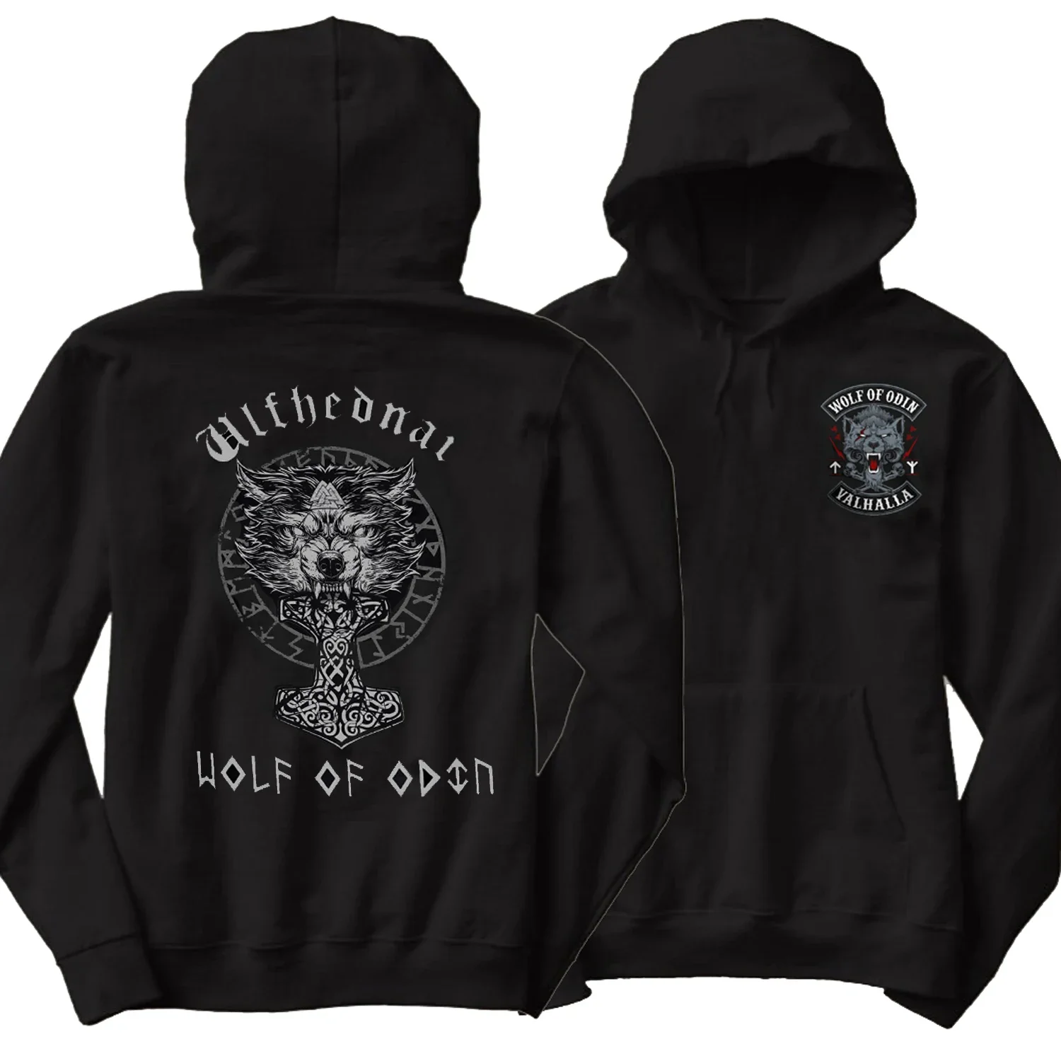 Norse Myth Thor Hammer Mjolnir Wolf of Odin Valhalla Pullover Hoodie 100% Cotton Comfortable Casual Mens Sweatshirt Streetwear