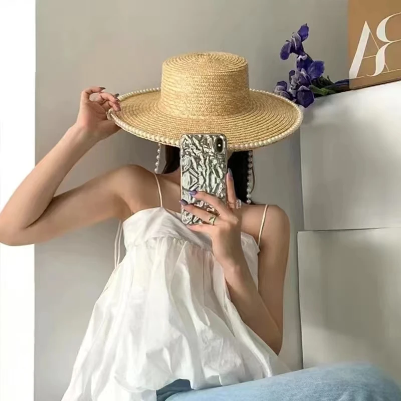 

Wheat Straw Sun Hat For Women Summer Pearl Wide Brim Floppy Panama Fishermen Hats Female Lady Outdoor Foldable Beach Sun Caps