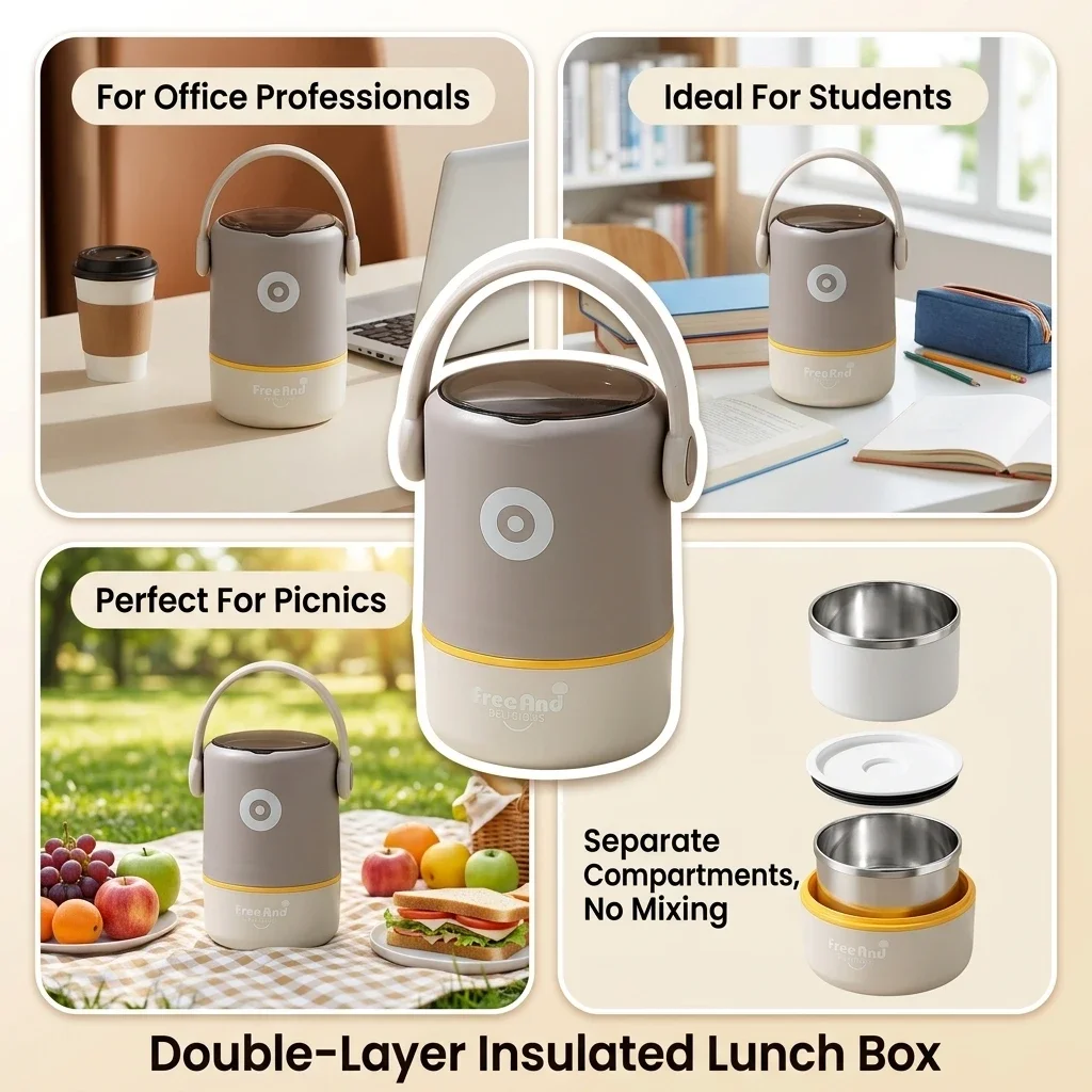 Stainless Steel Double Layer Insulated Lunch Box With Sealed Portable Large Capacity For Office Workers And Students