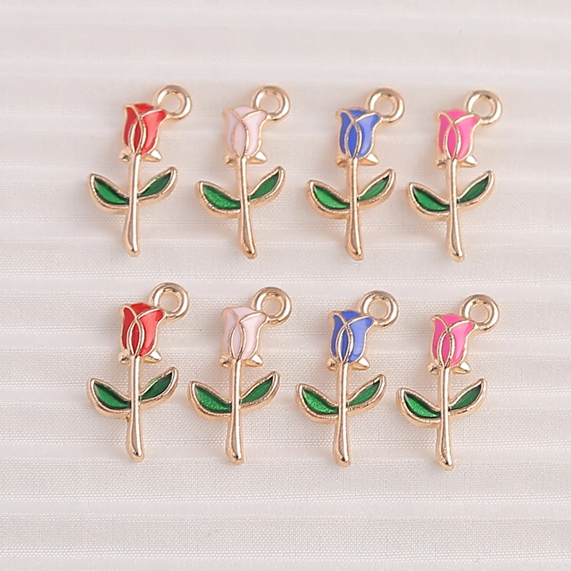 10 Stück 10 x 18 mm niedliche Emaille-Rosen-Blumen-Charms-Anhänger für Schmuckherstellung, Halsketten, Ohrringe, Armbänder, DIY-Bastelzubehör – Detail 2