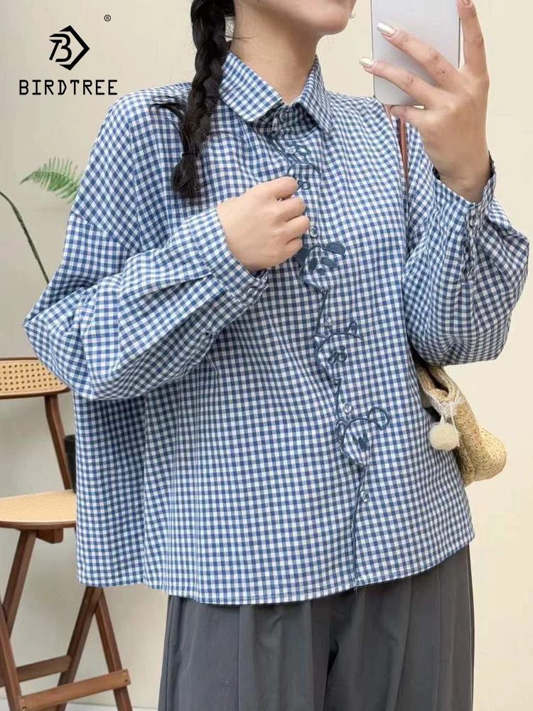 

New 2026 Spring Women Cotton Long Sleeve Shirt, Turn-down Collar Embroidery Plaid, Mori Girl Age Reduction Loose Blouse T62489CC