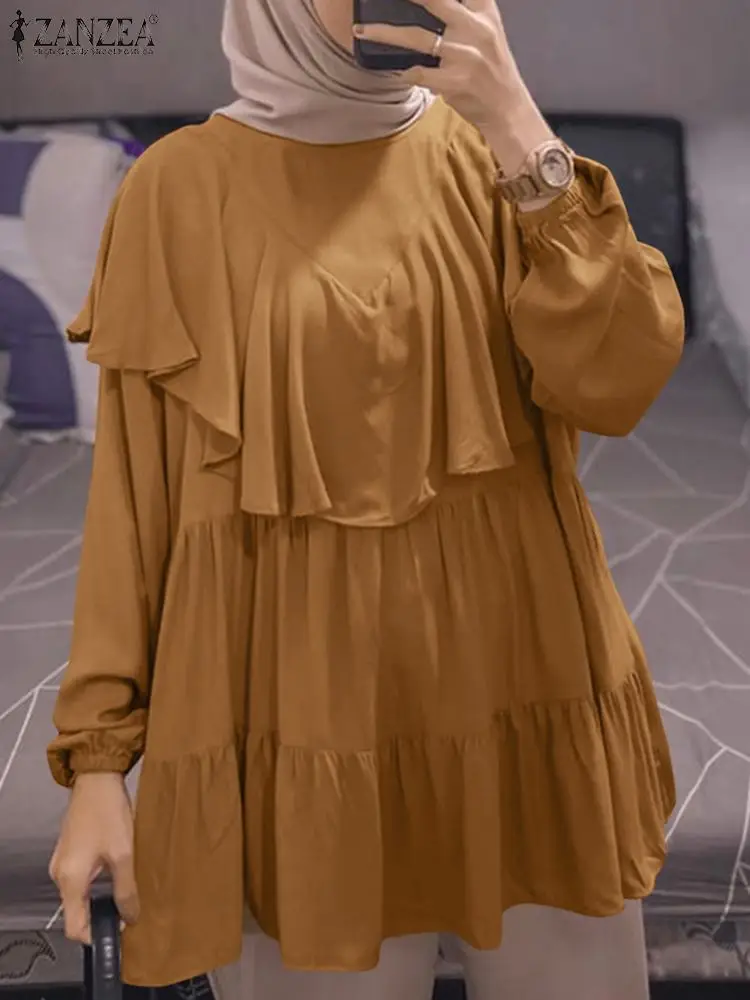 

ZANZEA Women Fashion O Neck Long Sleeve Flounce Hem Blouse Tops Autumn Abaya Muslim Shirt Vintage Casual Holiday Islamic Cloth