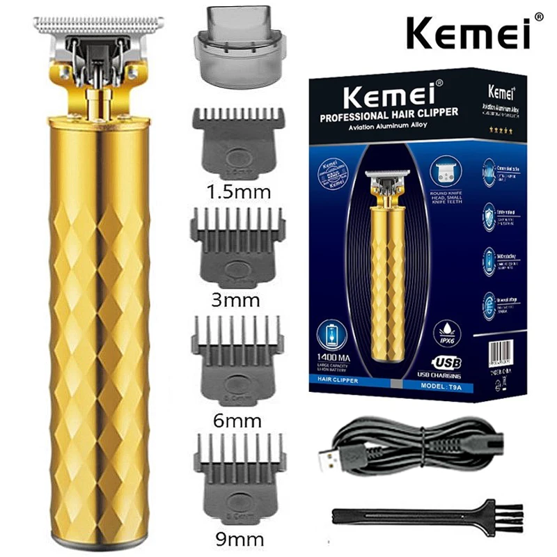 

Kemei T9 Gold Hair Clipper Professional Electric Barber Zero Gapped Hair Trimmer 0mm Hair Cutting Machine Men USB Rechargeable