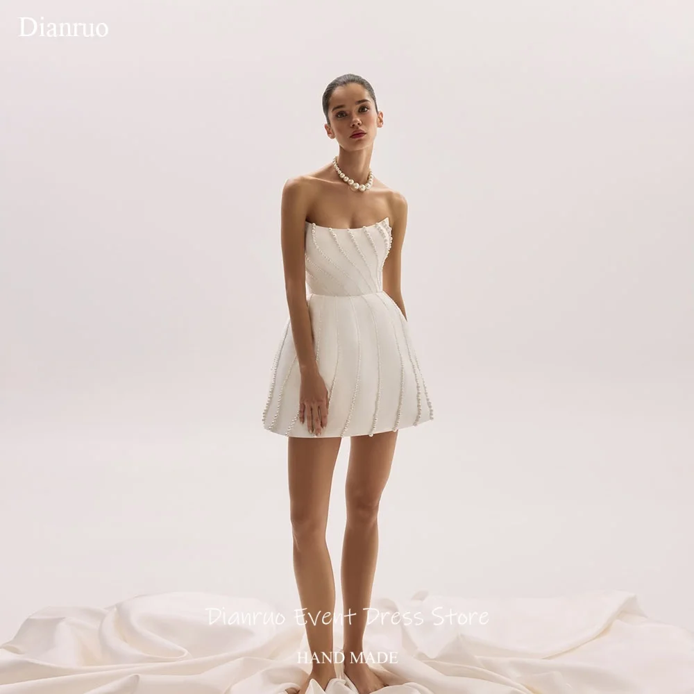 Dianruo Luxury Pearls Puffy Wedding Dresses Sleeveless Lace Up Back Vestido Princesa Mujer Satin Mini Prom Gowns Customized